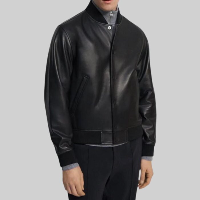 Front view of a sleek-black leather varsity jacket