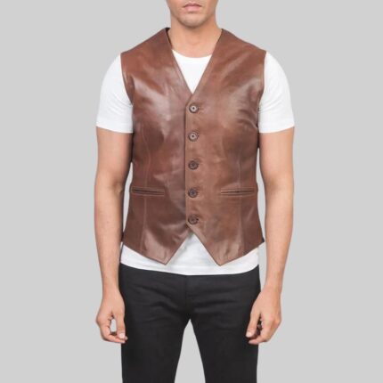 Front view-of a stylish brown leather vest for men