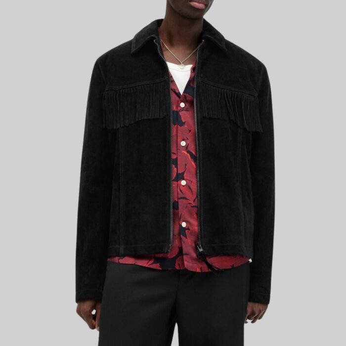 Front view-of a stylish mens suede fringe jacket