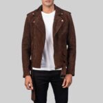 Front view-of a stylish suede biker jacket for men