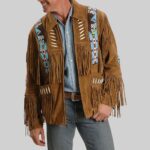 Front view-of a stylish suede fringe jacket for men