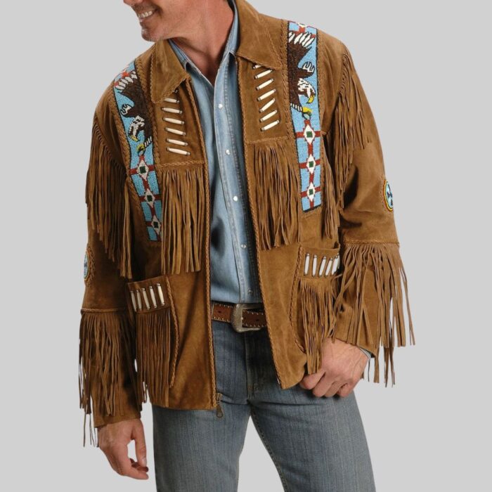 Front view-of a stylish suede fringe jacket for men