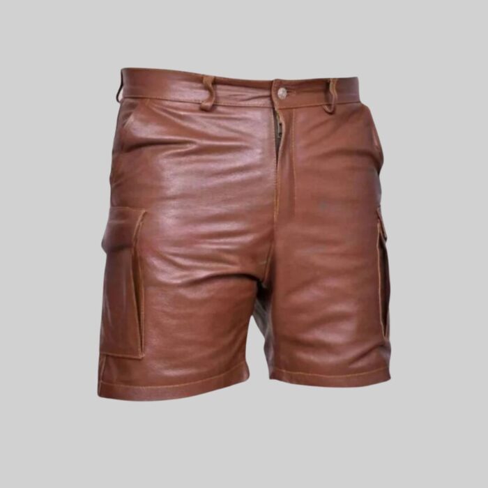 Front view-of chic brown leather shorts