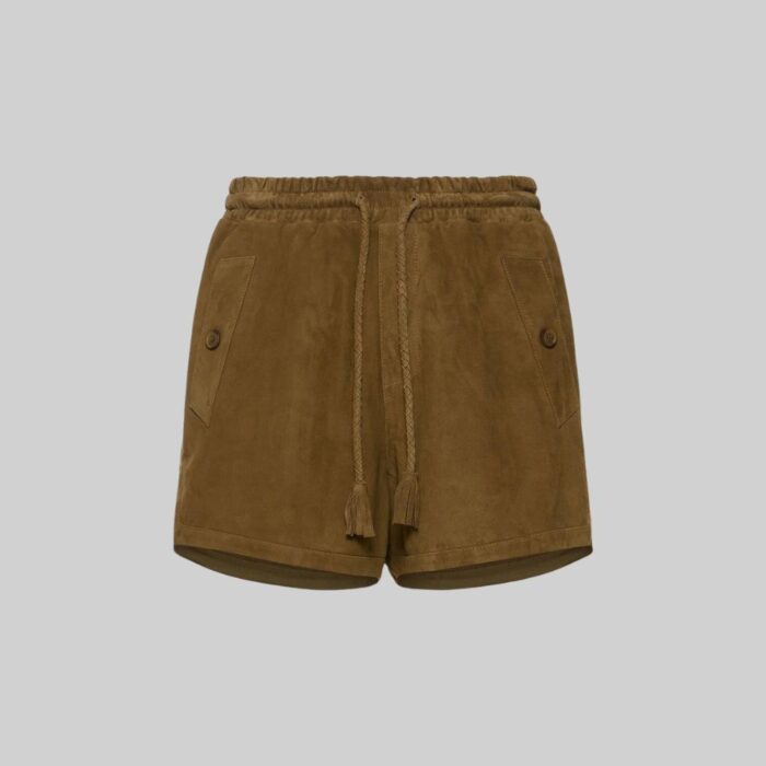 Front view-of stylish brown suede shorts