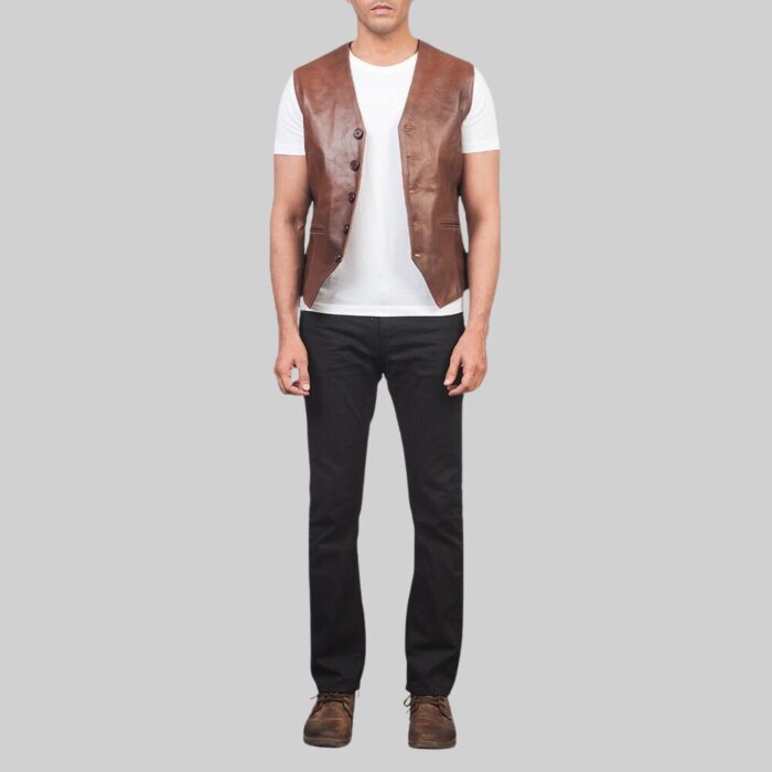 Full view-of a men's brown leather vest