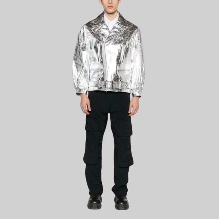 Full view of a stylish-metallic leather jacket