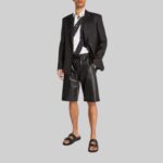 Full view of-mens black leather bermuda shorts