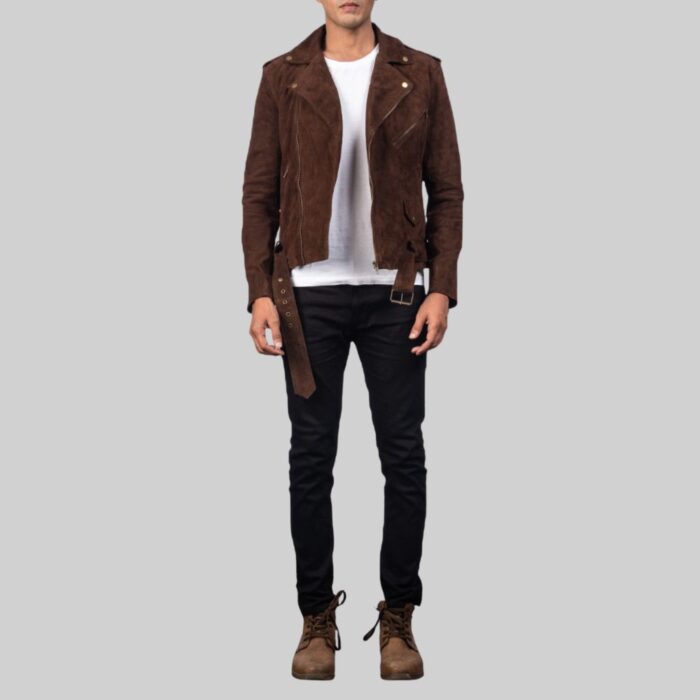 Full view of the rugged-suede biker jacket for men