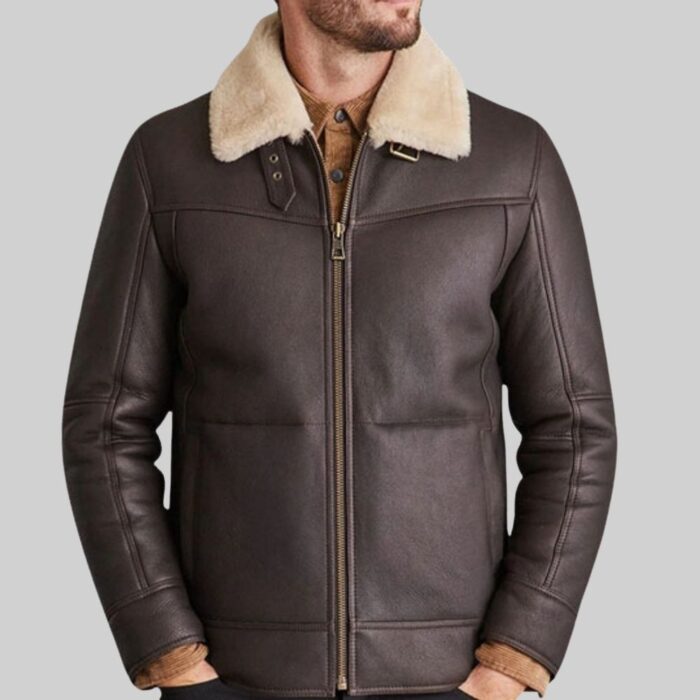 Mens brown leather aviator jacket-view 1