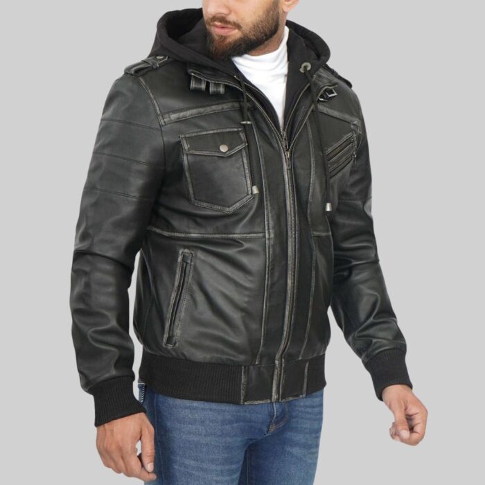 Mens leather bomber jacket-side view