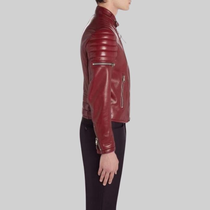 Mens sleek red leather jacket-side view