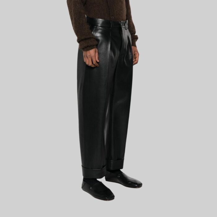 Mens straight cut leather trousers-side view