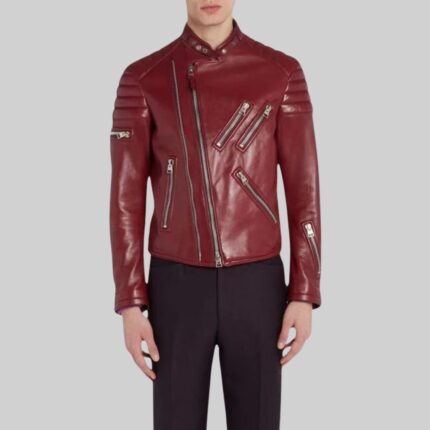 Mens vibrant red leather jacket-front view 1