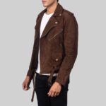 Profile view of the rugged-suede moto jacket for gents