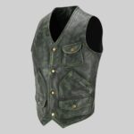 Side view-of a men's distressed leather vest