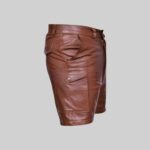 Side view-of trendy brown leather shorts