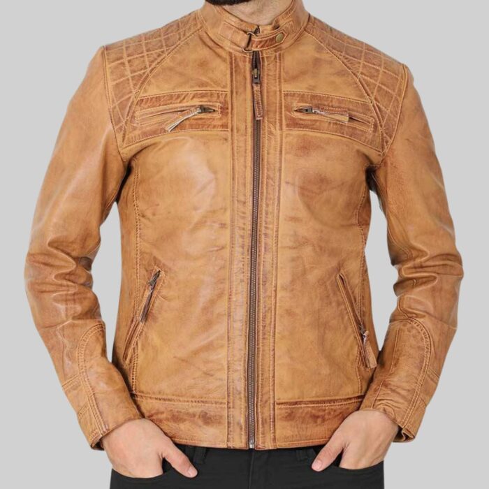 Tan leather jacket mens- front view 2