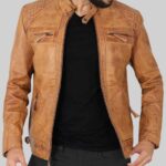 Tan leather jacket mens- front view 3