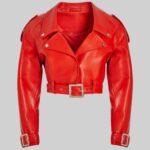 Another front view of a stylish-red leather cropped jacket