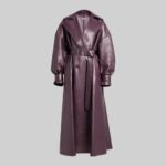 Another front view of the elegant-purple leather coat for women