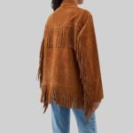 Back pose of a-women's suede fringe jacket