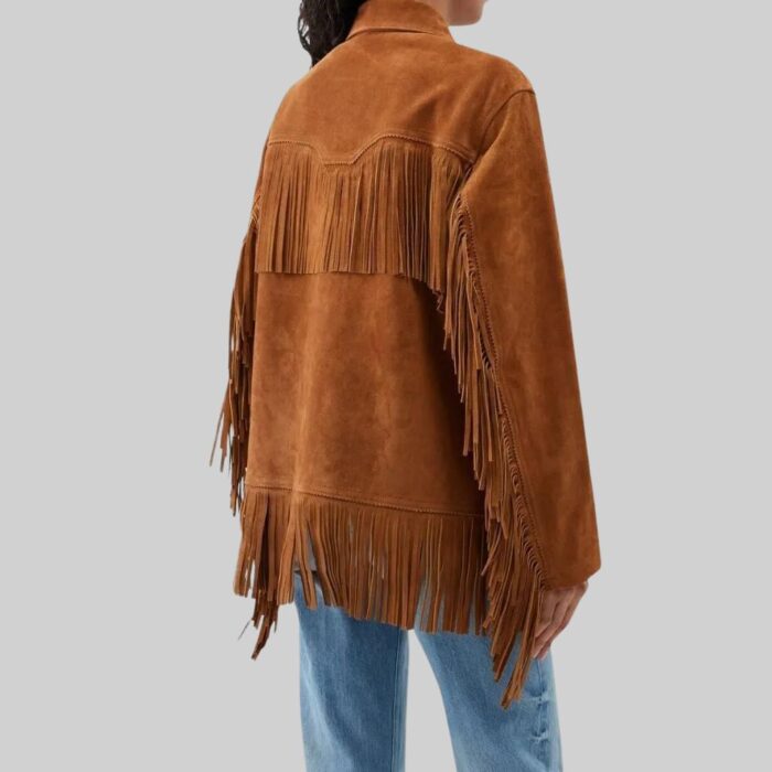 Back pose of a-women's suede fringe jacket