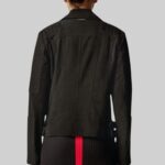 Back view of a-black suede moto jacket for women