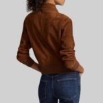 Back view of a fashionable-brown suede jacket for women