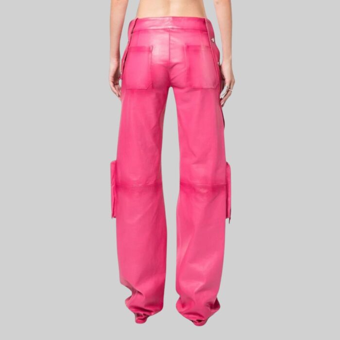 Back view of stylish-pink leather pants