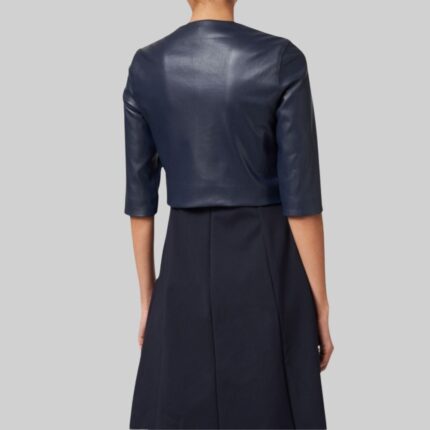 Back view of the chic-blue leather crop jacket