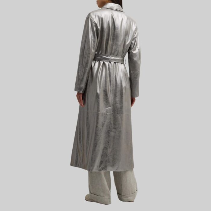 Back view of the elegant-metallic leather trench coat