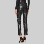 Back view of-women black leather leggings