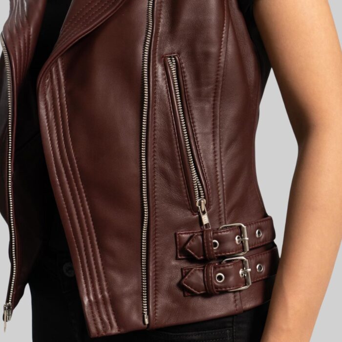 Burgundy leather waistcoat-closeup