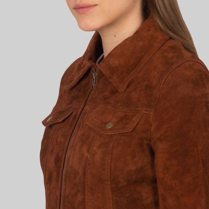 Closeup of a-brown suede jacket for women