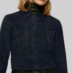 Closeup of a-navy blue suede jacket