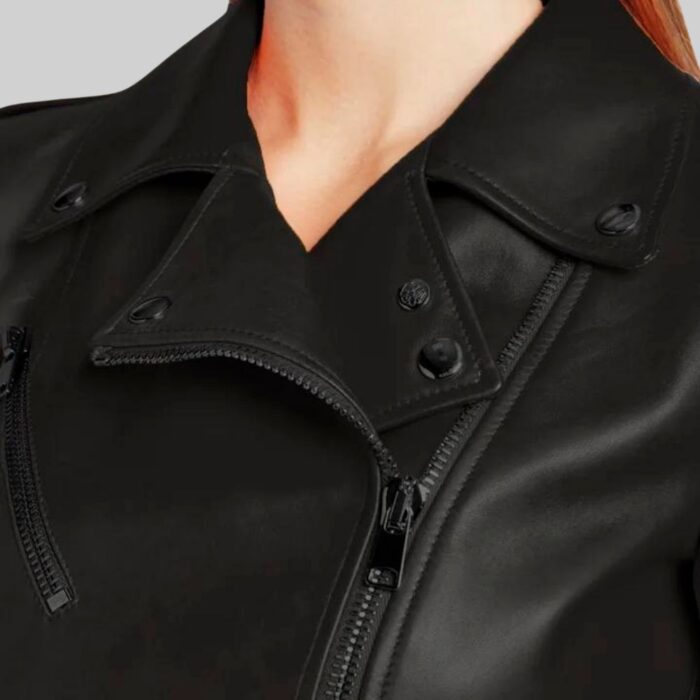 Closeup of a-women's black cropped leather jacket