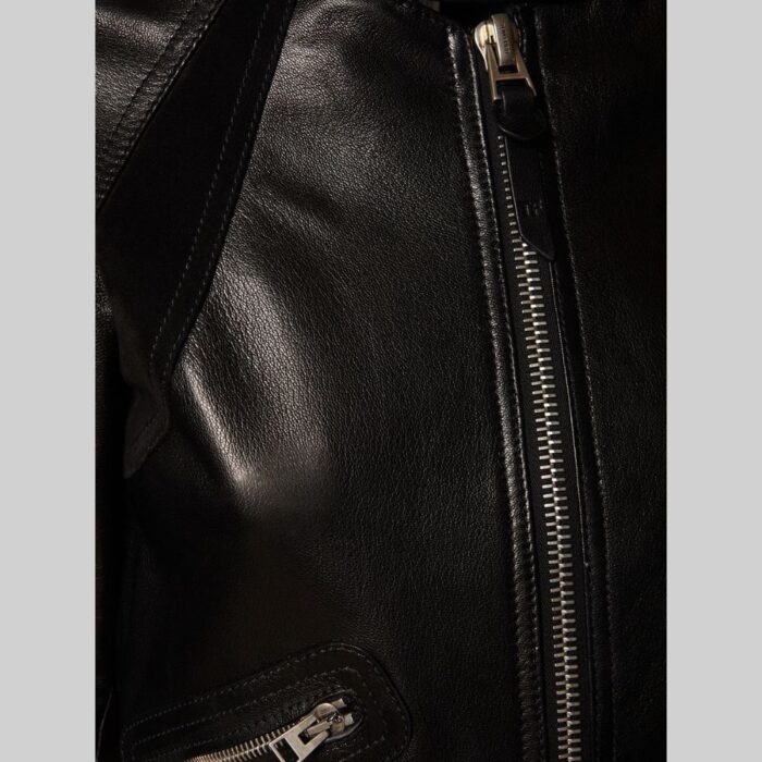 Closeup of-cropped black leather jacket