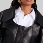 Closeup of-cropped black leather jacket for women