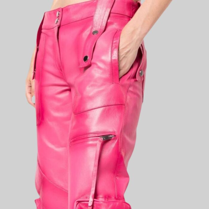 Closeup of luxurious-pink leather pants