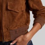 Closeup of the detailing on the-brown suede jacket for women