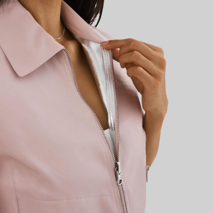 Closeup of the-pink crop leather jacket