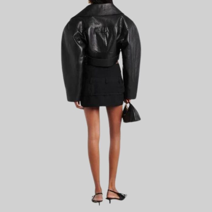 Cropped black biker jacket for women-back full view