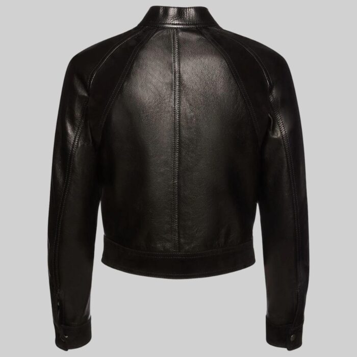 Cropped black leather jacket-back view