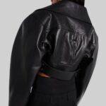 Cropped black leather jacket for women-back view