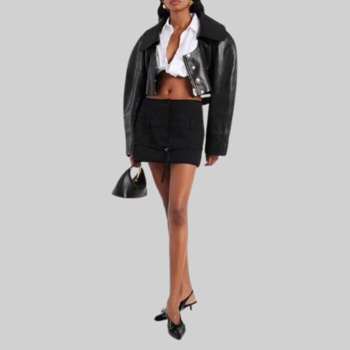 Cropped black leather jacket for women-front full view