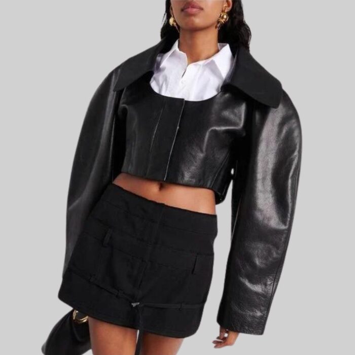 Cropped black leather jacket for women-front view 1