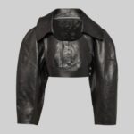 Cropped black leather jacket for women-front view 2