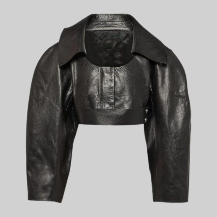 Cropped black leather jacket for women-front view 2