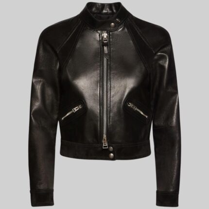 Cropped black leather jacket-front view