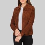 Front pose of a-brown suede jacket for women